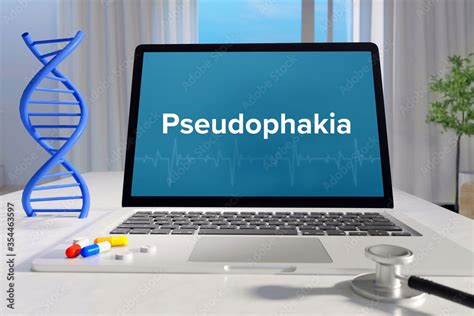 Pseudophakia. Medicine/healthcare. Computer in the office of a surgery. Text on screen. Laptop ...