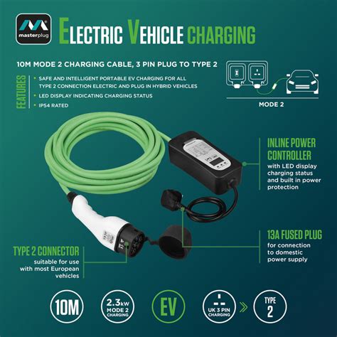 Masterplug Mode 2 EV Charging Cable 10m 3 Pin Plug to Type 2 | Toolstation