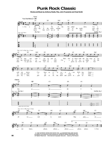 Punk Rock Classic Sheet Music | Red Hot Chili Peppers | Guitar Tab