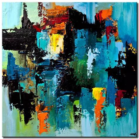 Painting for sale - colorful blue abstract art modern palette knife #7566