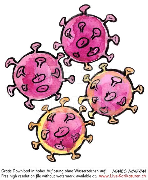 Virus Corona Covid-19 vier rot violett — www.Live-Karikaturen.ch