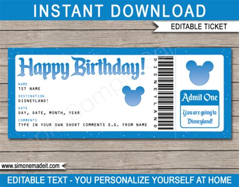 Birthday Surprise Trip to Disneyland Ticket Template | Disney Trip Reveal