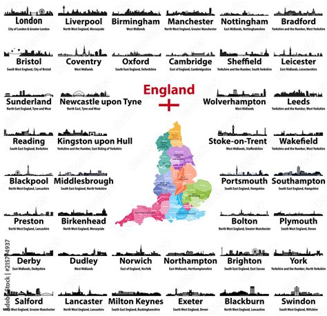 England cities skylines icons with names of city, region and ceremonial county. Flag and map of ...