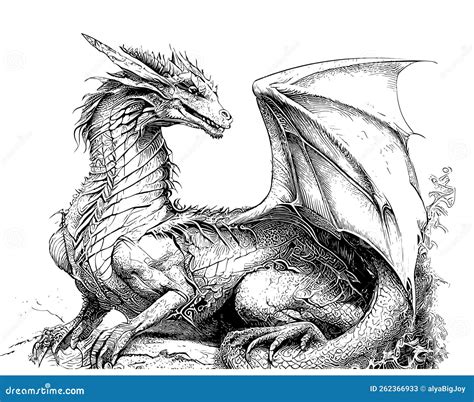 Dragon with Wings Sketch Hand Drawn Sketch, Engraving Style Stock ...