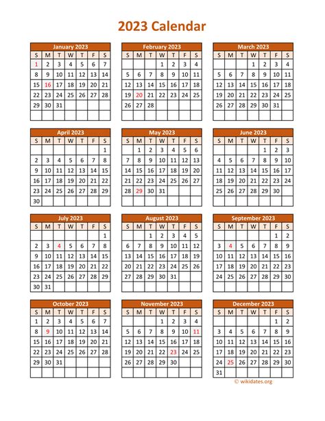 Full Year 2023 Calendar on one page | WikiDates.org