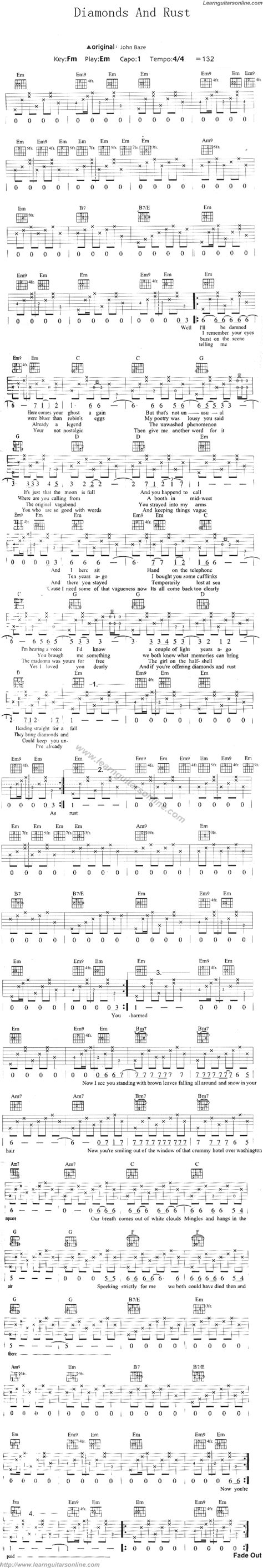 Diamonds And Rust by Joan Baez Guitar Tabs Chords Sheet Music Free ...