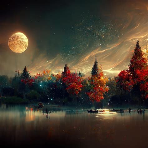 Premium Photo | Amazing autumn landscape at night in moonlight idyllic peaceful nature scenery ...