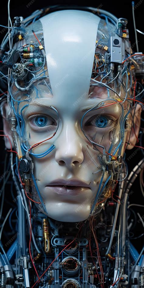 Premium AI Image | Silicon Robotic Human Face with Wires and Optical Fiber