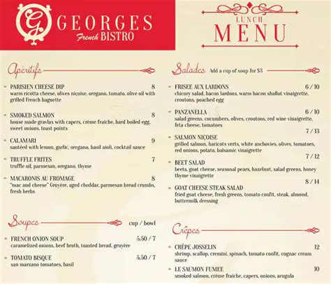 Menu at Georges French Bistro restaurant, Wichita