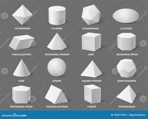 Geometric 3d Shapes. Realistic White Basic Geometry Form Sphere and Pyramid, Hexagonal and Prism ...