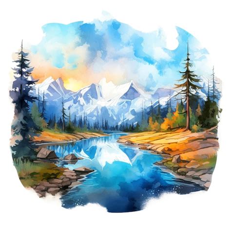 Premium AI Image | Watercolor landscape with trees and mountain