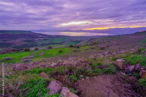 Sunset view of the Sea of Galilee, from the northwest Stock Photo | Adobe Stock