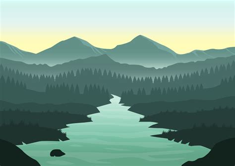 Nature landscape vector illustration. Mountain, river, and pine forest ...