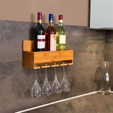 Wall-mounted wine shelf with glass-holder - 4 bottles and glasses