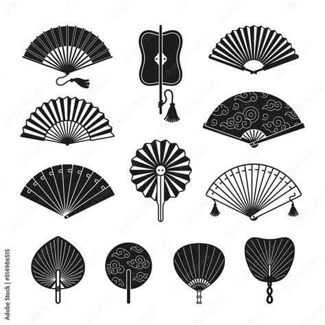 Black japanese fan icons. Dance elegant asian fans design isolated on ...