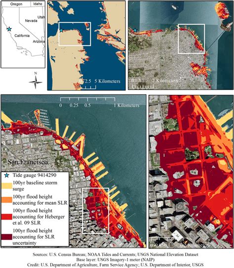 Sequential zoom in of the baseline and future 100-yr flood risk area in ...