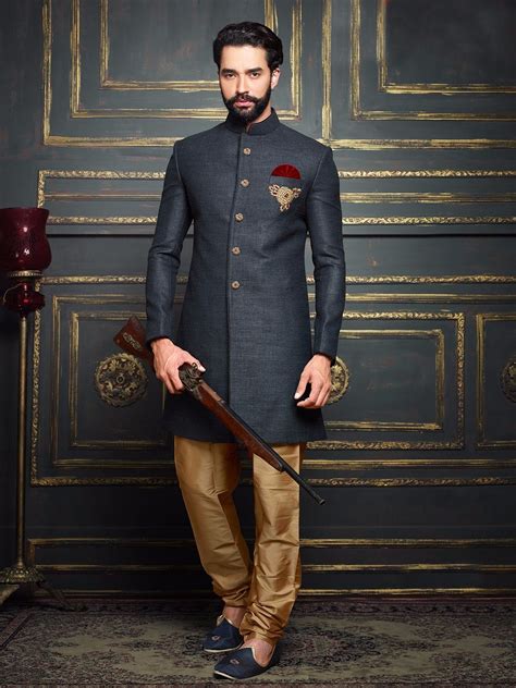 Dark Grey Terry Rayon Solid Jodhpuri Sherwani | Indian groom wear ...