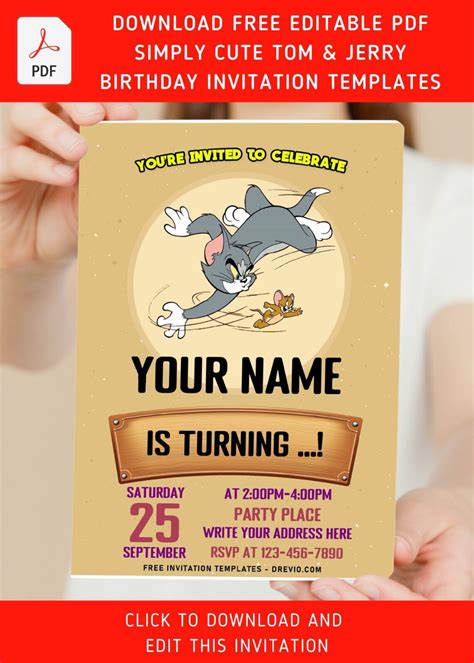 (Free Editable PDF) Simply Cute Tom And Jerry Birthday Invitation ...