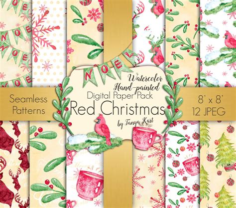 Red Christmas Paper Scrapbook Paper Pack Watercolor Digital - Etsy