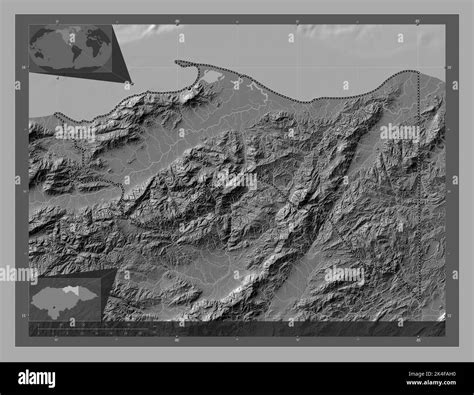 Colon, department of Honduras. Bilevel elevation map with lakes and rivers. Corner auxiliary ...