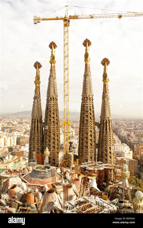 Sagrada Família church, towers seen from other towers, Barcelona, Spain ...