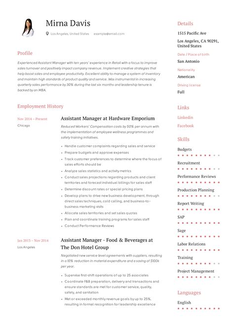 Assistant Manager Resume & Writing Guide | 12 Samples | PDF | 2019