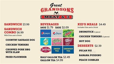 Online Menu of Great Grandson's Meat & 3, Clinton, NC