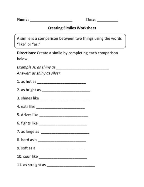 Similes Worksheet 3rd Grade