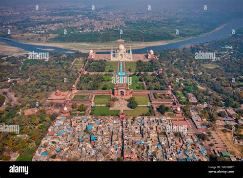 Aerial view of the Taj Mahal along Yamuna river, Agra, Uttar Pradesh ...