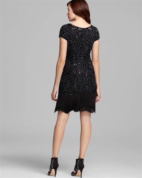 Lyst - Aidan Mattox Deco Beaded Fringe Hem Dress Short Sleeves in Black