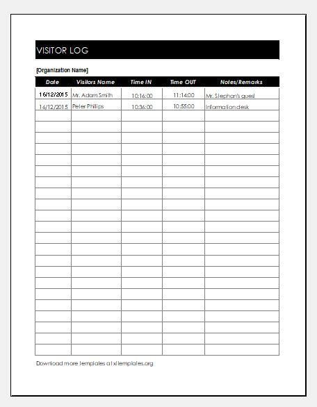 Visitor Log Template Excel