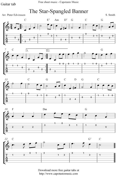 Free Sheet Music Scores: The Star-Spangled Banner, free guitar tablature sheet music notes for ...