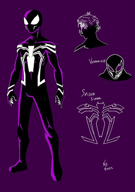 the spider - man suit is purple and black with white outlines on its chest