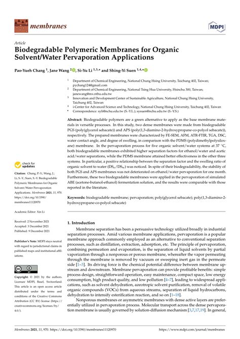 (PDF) Biodegradable Polymeric Membranes for Organic Solvent/Water Pervaporation Applications