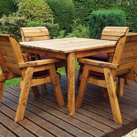 Four Seater Square Wooden Garden Table Set with Burgundy Cushions | Outdoor Style