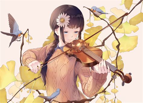 Black Hair Anime Girl Playing Violin
