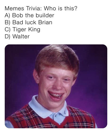 Memes Trivia: Who is this? A) Bob the builder B) Bad luck Brian C) Tiger King D) Walter | @memes ...