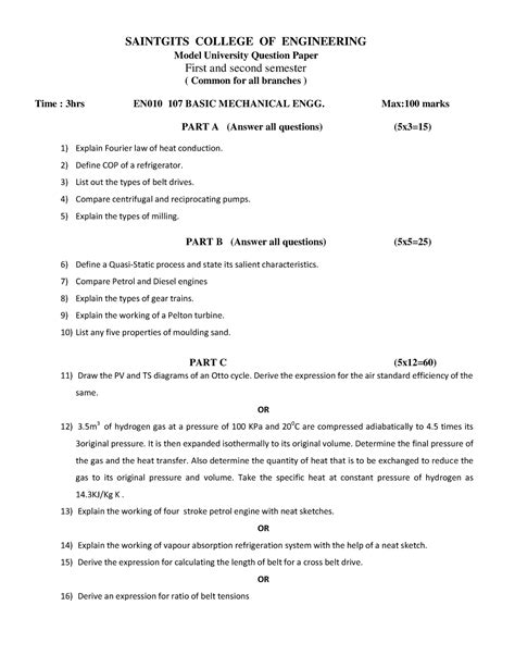 Basic Mechanical ENGG - Question Paper - SAINTGITS COLLEGE OF ENGINEERING Model University ...