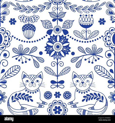 Scandinavian folk seamless pattern. Blue folklore border, swedish ornament design. Nordic rustic ...