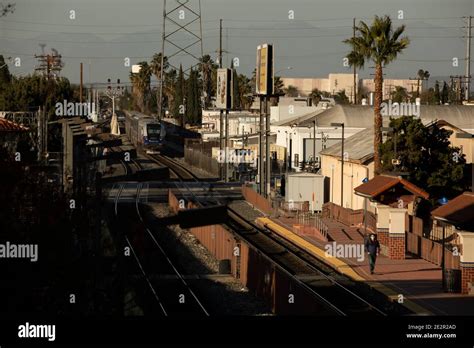 Santa Ana, California, USA - January 10, 2021: A train enters the Santa ...