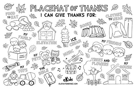 a black and white coloring page with the words placemat of thanks i can give thanks for