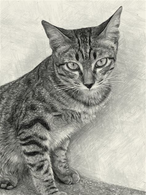 Art Drawing Black and White of Cte Tabby Cat Stock Illustration ...