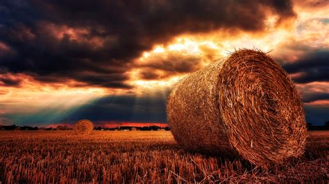 Wallpaper Hay, field, clouds, sunshine, dusk 3840x2160 UHD 4K Picture, Image