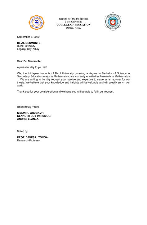 Letter of Request - n/a - Republic of the Philippines Bicol University COLLEGE OF EDUCATION ...