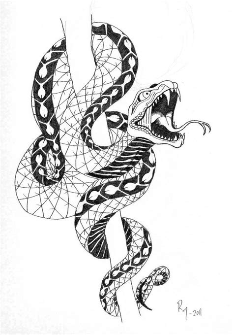 Hissing black-and-white snake twining around stick tattoo design ...