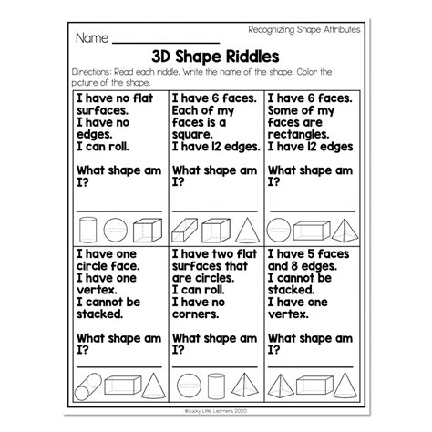 2nd Grade Math Worksheets - Geometry - Recognizing Shape Attributes - 3D Shape Riddles - Lucky ...