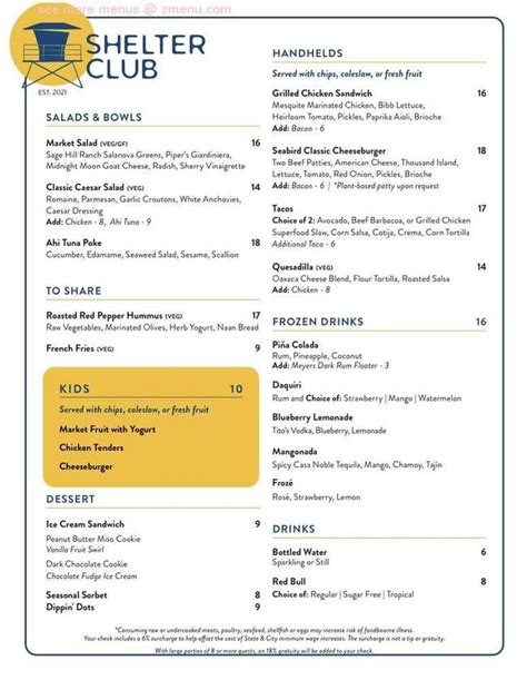 Online Menu of The Shelter Club Restaurant, Oceanside, California, 92054 - Zmenu