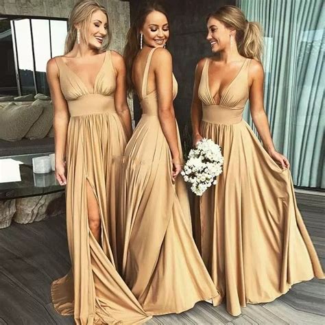 Champagne Bridesmaid Dresses 2019 Sexy V Neck A Line Long Maid Of Honor Gowns Cheap Side Split ...