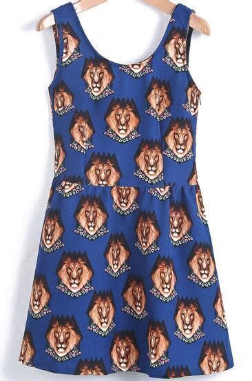 Blue Sleeveless Lion Print Split Dress -SheIn(Sheinside)