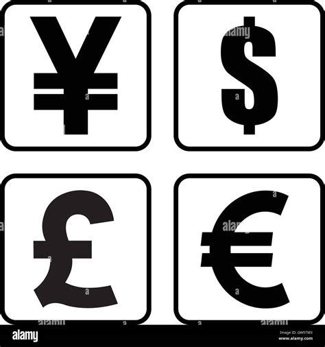 Yen / Yuan, Dollar, Pound and Euro currency symbol set, square money ...